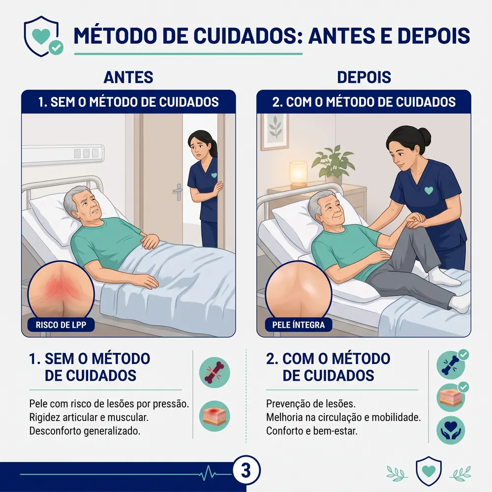 Antes e depois: sem o método de cuidados, pele com risco de lesão por pressão e desconforto; com o método, pele íntegra, mobilidade e conforto
